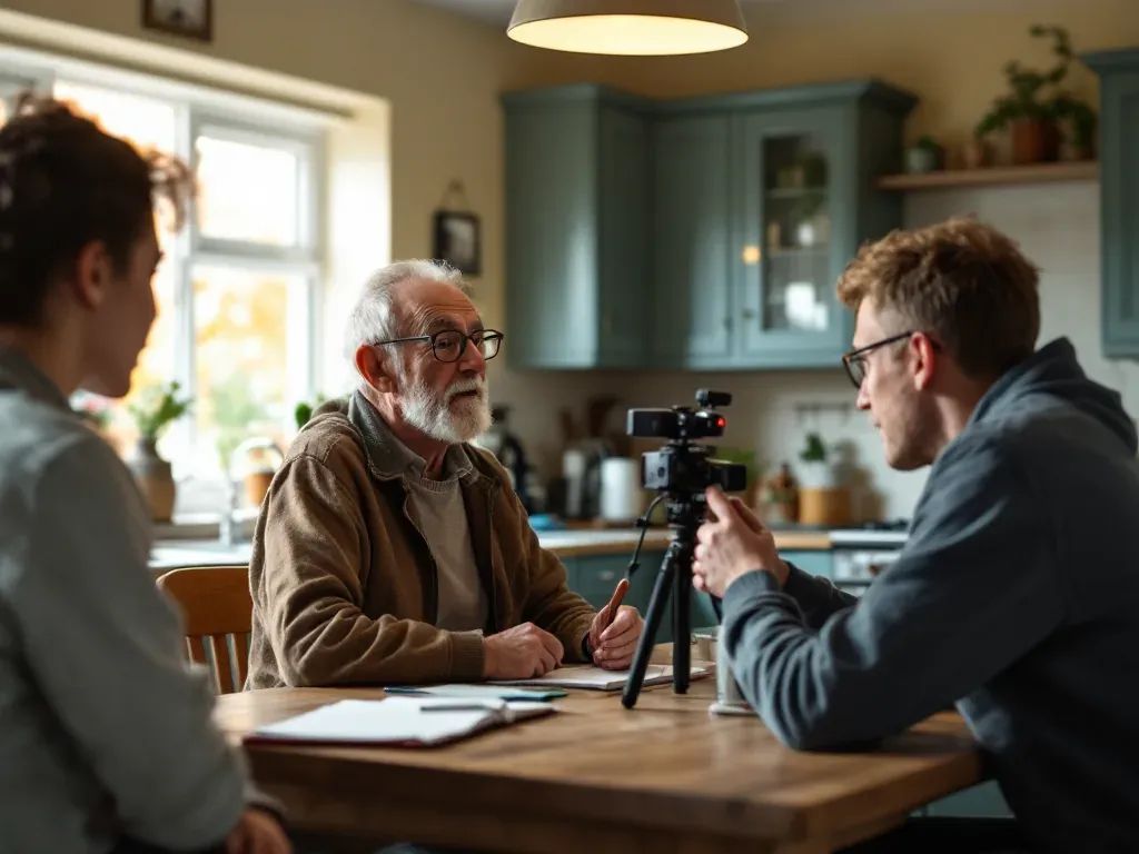 A student filming an interview with an older man at a kitchen table during a documentary filmmaking course