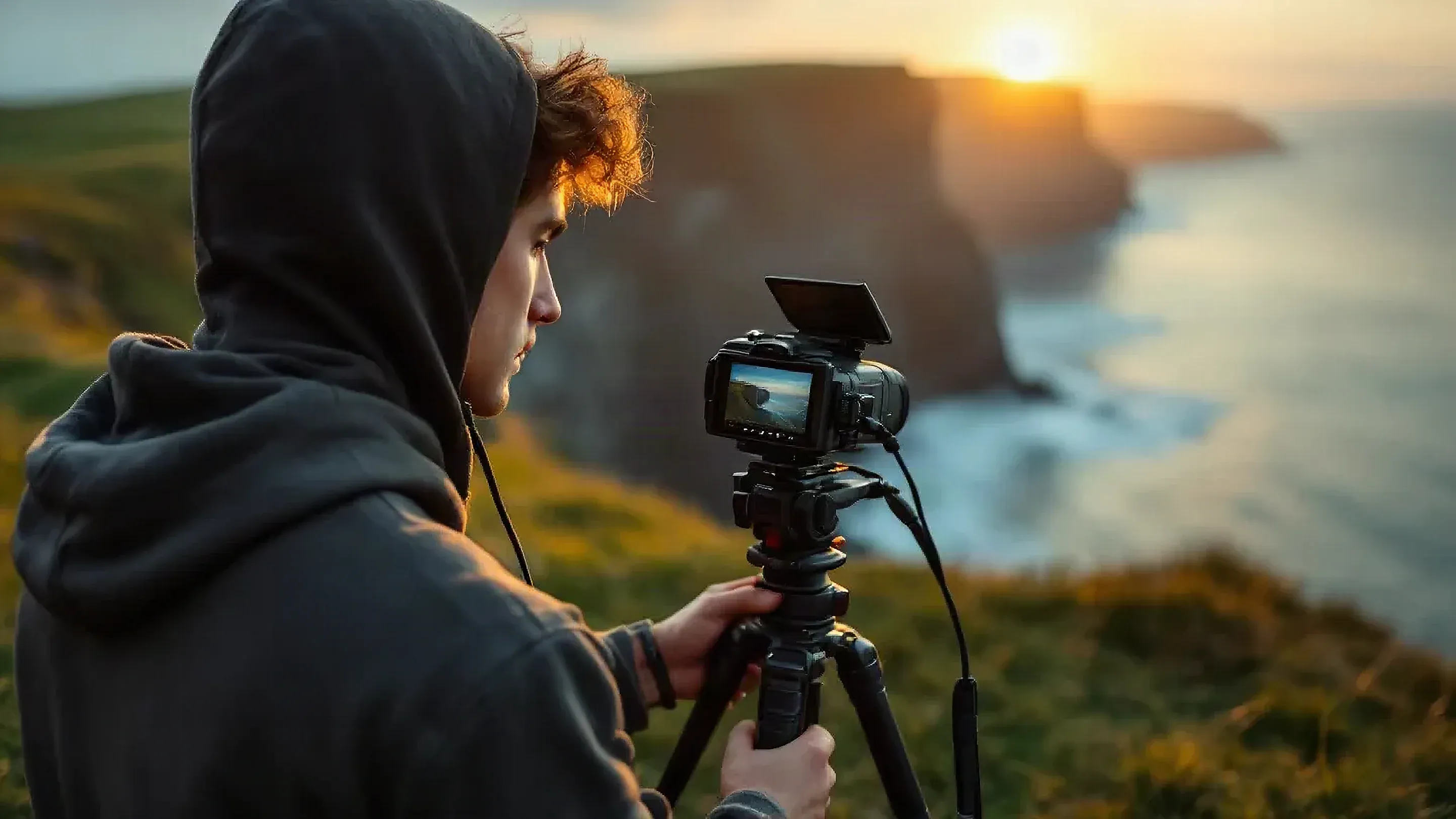 A secondary school student filming from a Donegal headland at golden hour during a film and media training course