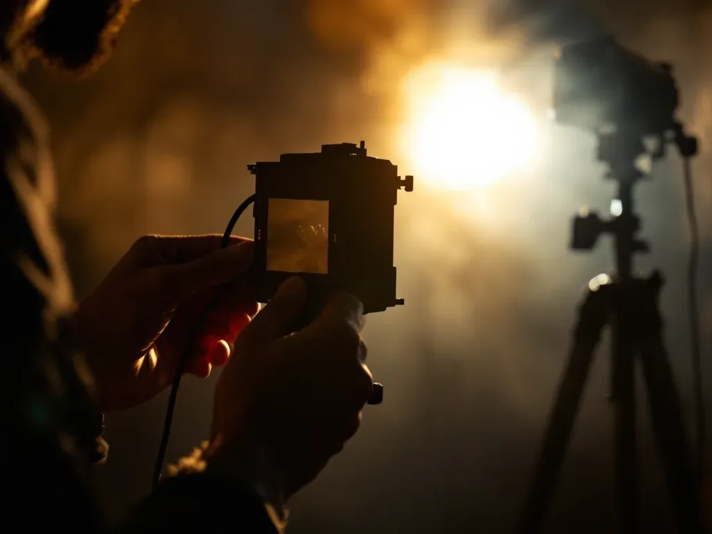 Hands adjusting a film light on a stand during a production skills course