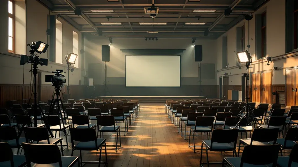 A school hall in Donegal set up with a camera and two film lights for a practical film training session
