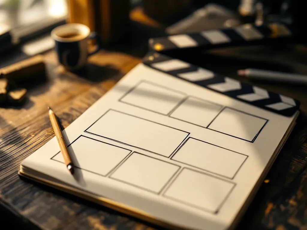 A clapperboard, a storyboard notebook and a pencil on a desk, planning a creative task