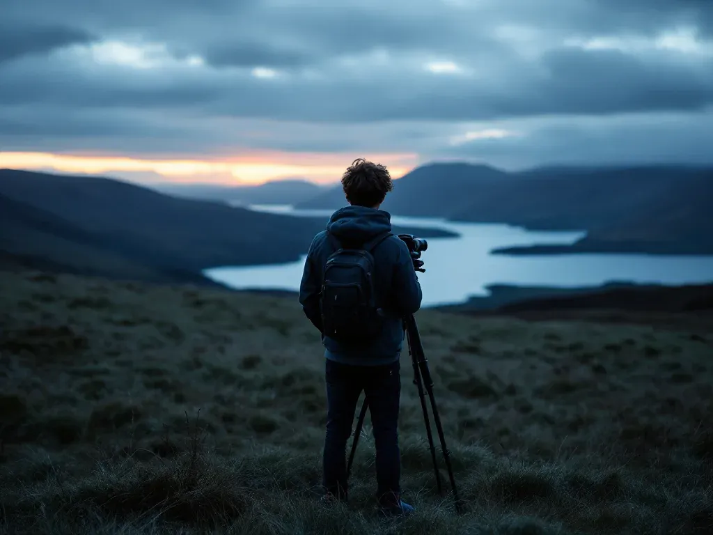 A young filmmaker with a camera on a tripod on a Donegal hillside at dusk