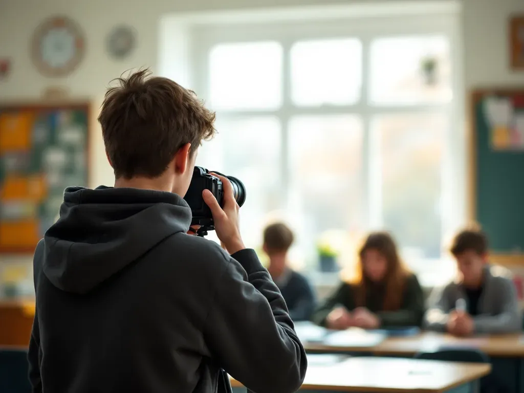 A secondary school student framing a shot on a camera in a classroom during a film language course